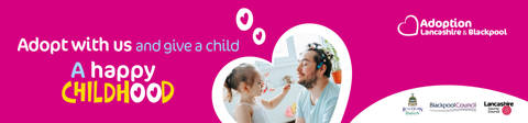 Adopt with us and give a child a happy childhood. Girl adding lip gloss to adoptive dad. He has his eyes closed and also has hair clips in his hair.